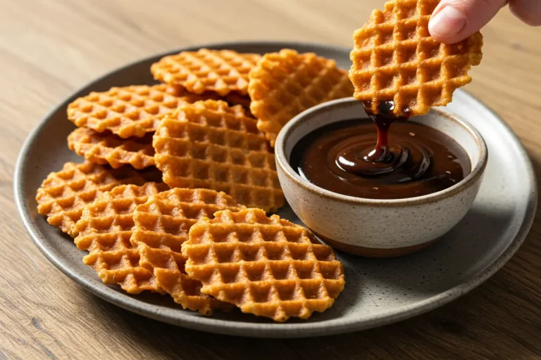Crispy waffle cookies are stacked on a plate next to a small bowl of chocolate sauce.