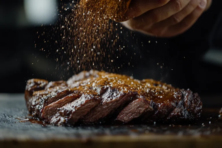 Beef bouillon powder being added to brisket for flavor.