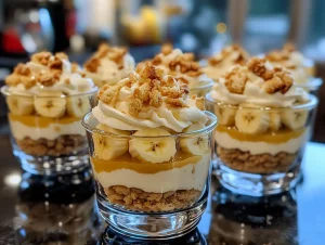 Layers of banana pudding with fresh bananas and vanilla wafers in a glass cup.