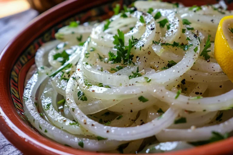 A colorful bowl of cebolla ensalada with thinly sliced red onions, lime wedges, and fresh cilantro on a rustic wooden table.