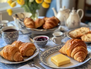 Fresh croissant with café au lait on a Parisian breakfast table.