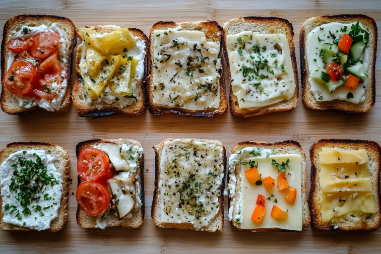 Ten slices of toasted bread topped with various savory ingredients are arranged on a wooden cutting board.
