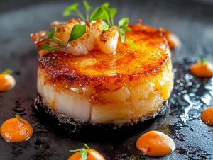 Close-up of perfectly caramelized crab brulee with golden top