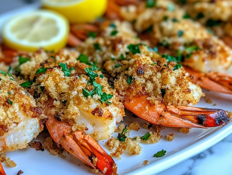 Close-up of crab stuffed shrimp with golden breadcrumbs, served with lemon slices on a white plate.
