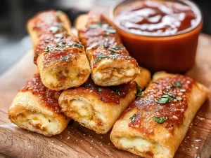 Pizza sticks with melted cheese, fresh basil, and marinara dipping sauce.