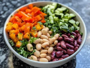 Healthy dense bean salad with colorful beans, fresh vegetables, and herbs.