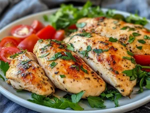 Baked chicken cutlets on a white plate with fresh herbs and a side of vegetables.