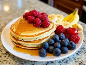 Fluffy pancakes topped with fresh fruits and syrup
