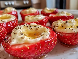 Deviled strawberries with cream cheese filling and black pepper garnish on a marble background.