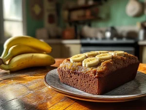 A fresh loaf of 3-ingredient banana bread sliced on a wooden cutting board, surrounded by bananas and a whisk.