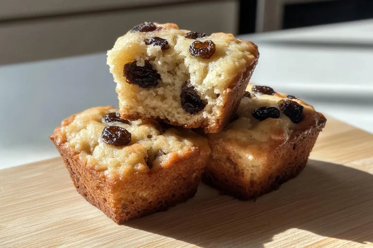 Three miniature raisin cakes are stacked on a wooden board.