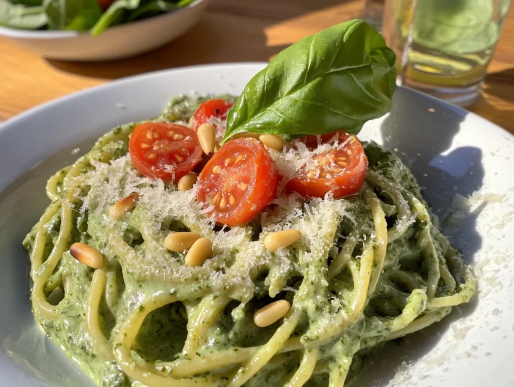Close-up of vibrant green spaghetti served with a drizzle of olive oil, garnished with basil and toasted nuts, on a rustic wooden table.