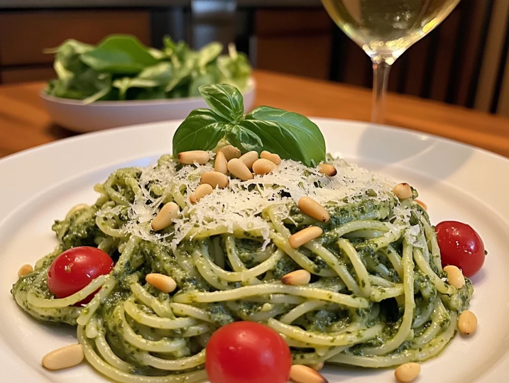 Close-up of vibrant green spaghetti served with a drizzle of olive oil, garnished with basil and toasted nuts, on a rustic wooden table.