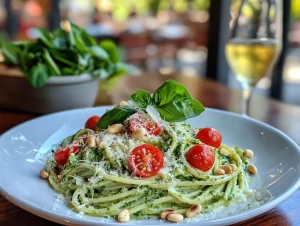 Close-up of vibrant green spaghetti served with a drizzle of olive oil, garnished with basil and toasted nuts, on a rustic wooden table.