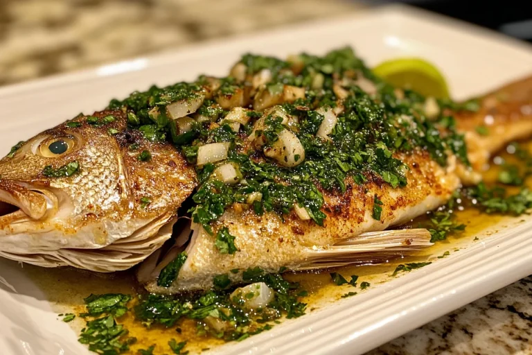 Grilled whole snapper served on a banana leaf, garnished with fresh herbs, lime wedges, and chili slices for an authentic Hmong presentation.