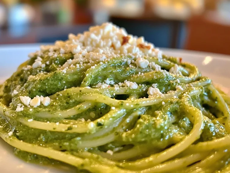 Delicious serving of Mexican Green Spaghetti garnished with fresh herbs and grated cheese, featuring creamy poblano sauce with a smoky flavor.
