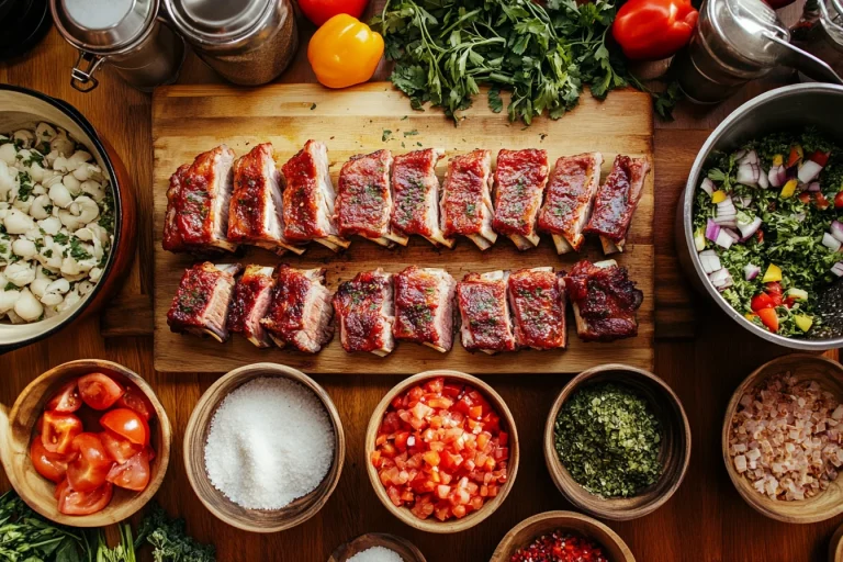 Delicious, glazed party ribs stacked on a wooden platter, garnished with fresh parsley and served with a side of barbecue sauce.
