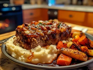 Stove Top Stuffing Meatloaf fresh out of the oven, served with mashed potatoes and roasted vegetables.