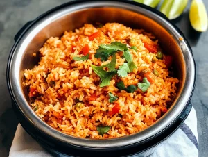 Mexican rice in a rice cooker, served with cilantro and lime wedges for a flavorful side dish