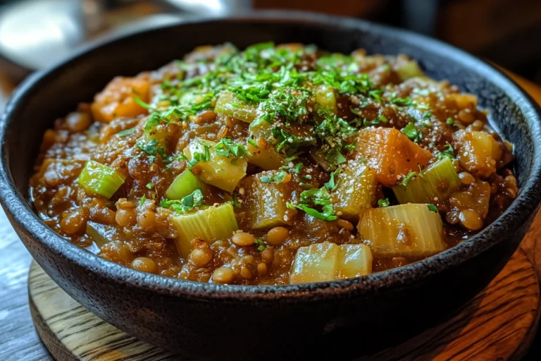 A close-up of smoky lentil stew in a rustic bowl, featuring chunks of potato, slices of chorizo, and tender leeks garnished with parsley