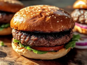 Sourdough hamburger buns close-up on a plate, showcasing their golden-brown texture.