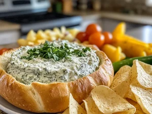 Close-up of creamy Knorr Spinach Dip in a bread bowl surrounded by fresh veggies and crackers.