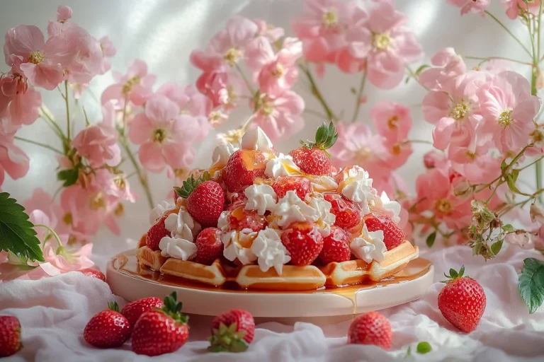 A waffle topped with strawberries, whipped cream, and syrup sits on a plate, surrounded by pink flowers and fresh strawberries.