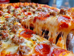 Supreme pizza with a variety of meats, vegetables, and melted cheese on a crispy crust.