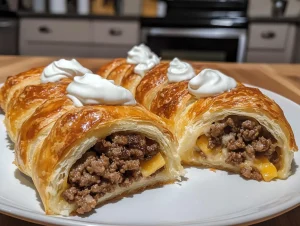Crescent rolls stuffed with taco filling, cheese, and topped with fresh lettuce and sour cream