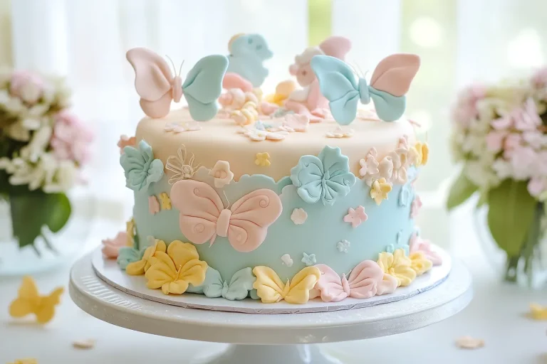 A beautifully decorated baby shower cake with pastel frosting.