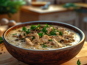 Include keywords in alt text, such as "A bowl of Cream of Mushroom soup garnished with herbs