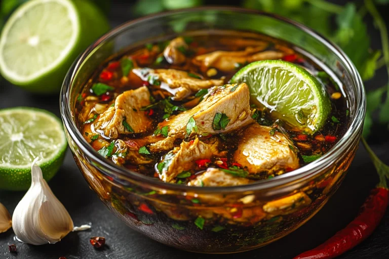 Close-up of chicken fajita marinade in a glass bowl surrounded by fresh lime slices, garlic cloves, and chili peppers.