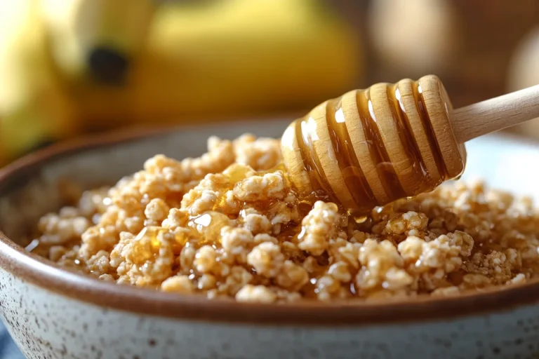 A tasty bowl of honey cereal ready to be enjoyed.
