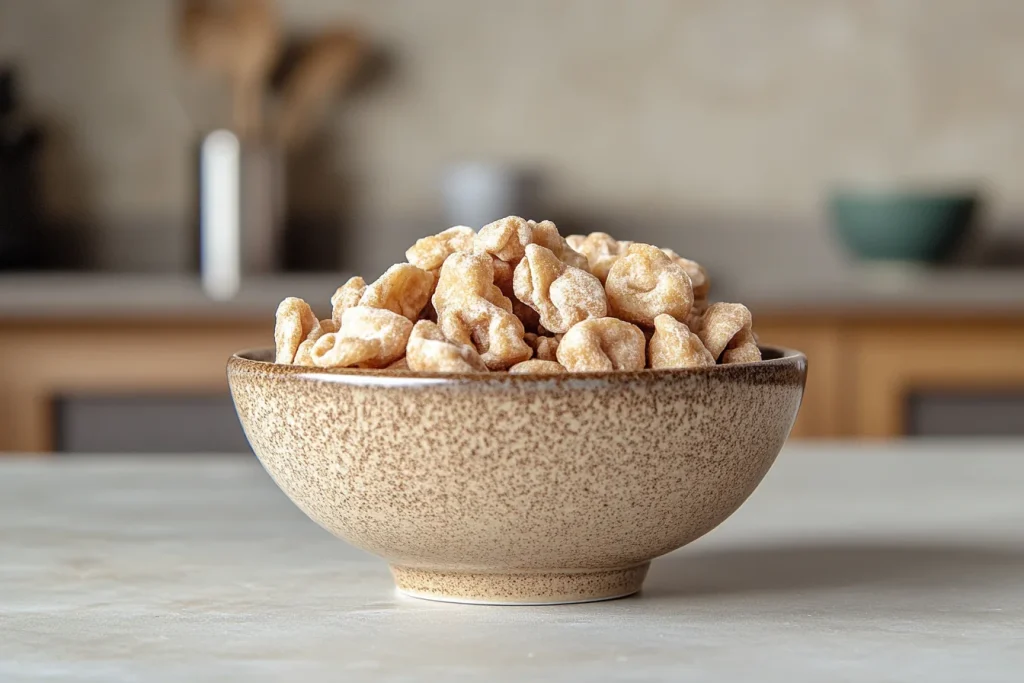 A tasty bowl of honey cereal ready to be enjoyed.