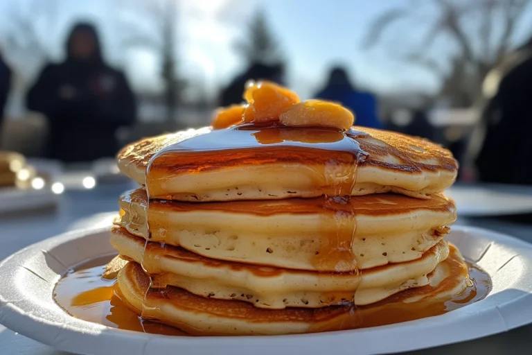 Fluffy pancakes topped with maple syrup served at the CMS Pancake Breakfast event.