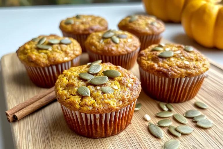 Six pumpkin muffins topped with pepitas sit on a wooden cutting board.