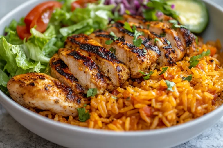 Plate of Sassy Rice served with grilled chicken and a side of fresh salad.
