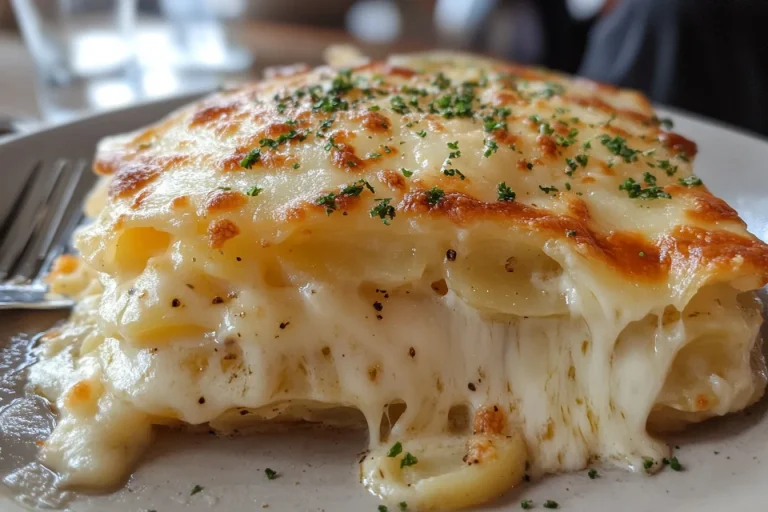 Close-up of a slice of cheesy potato gratin, topped with herbs.