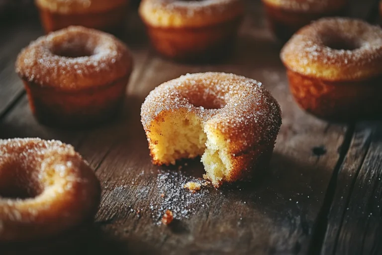 Several sugared donuts sit on a wooden surface, one with a bite taken out of it.