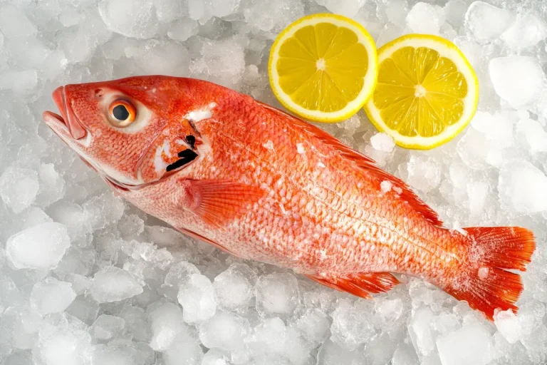 A whole red snapper fish lies on a bed of ice next to two lemon slices.