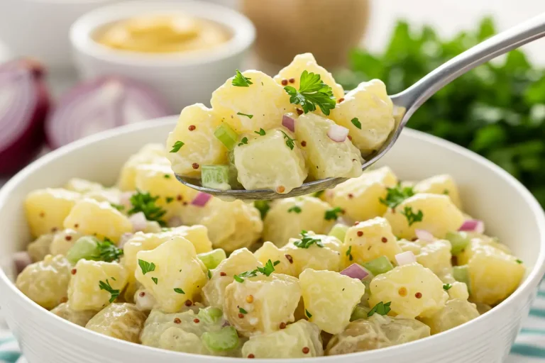 A spoonful of potato salad is lifted from a bowl of creamy potato salad.