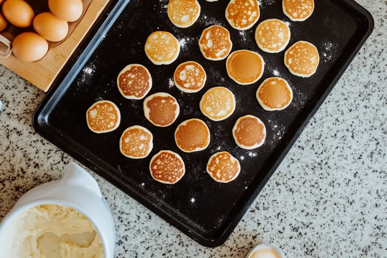 Small pancakes arranged on a black baking sheet.