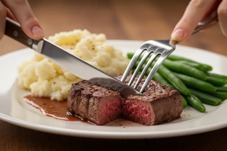 A person cuts into a medium-rare steak with a knife and fork.