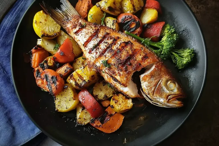 Grilled fish is served on a black plate with roasted vegetables.