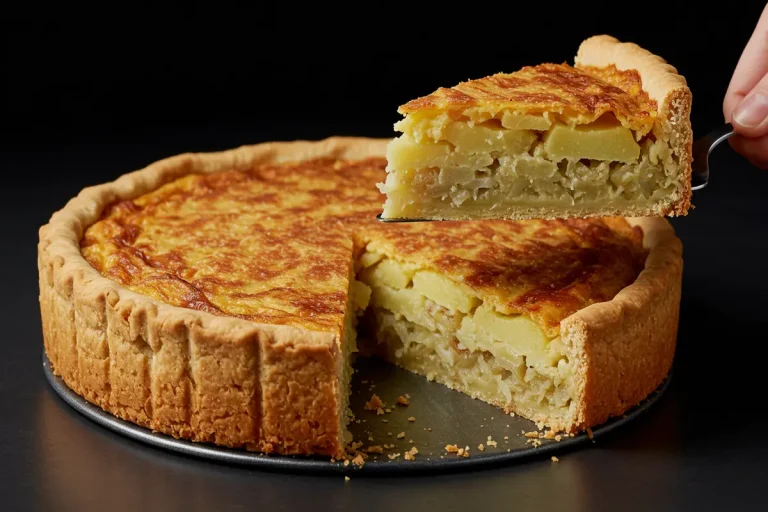 A slice of potato pie is being lifted from the whole pie with a pie server.