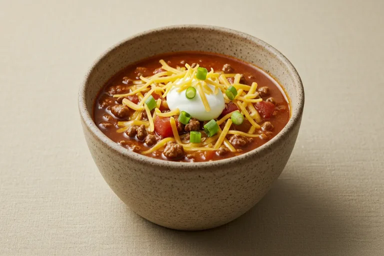 A bowl of chili topped with shredded cheese, sour cream, and chopped green onions.
