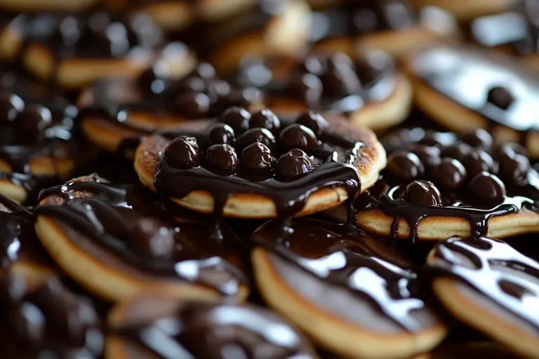 A close-up image of a stack of small pancakes covered in melted chocolate and chocolate chips.