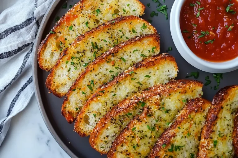 Sliced garlic bread sprinkled with herbs sits on a dark gray plate next to a small white bowl of marinara sauce.