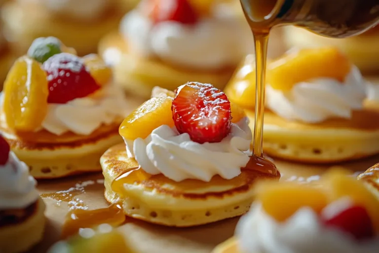 Mini pancakes topped with whipped cream, fresh fruit, and a drizzle of syrup.