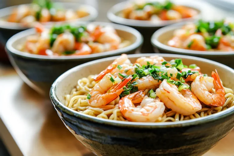Four bowls of noodles topped with shrimp and green onions are shown.